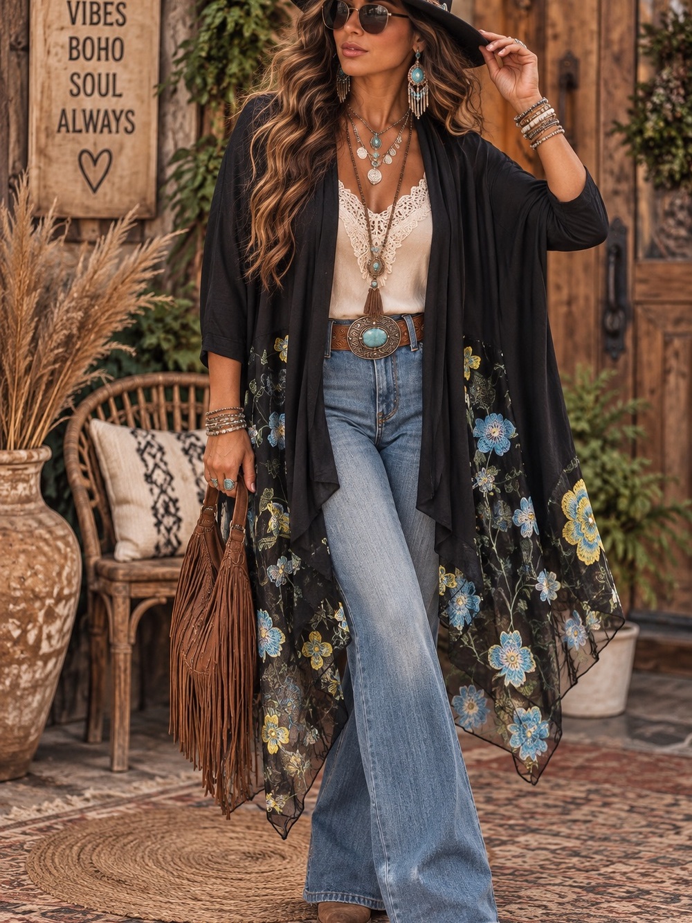Cha Cha Vente Black Floral Sheer Duster Kimono - Boho Women's Sweater Wrap